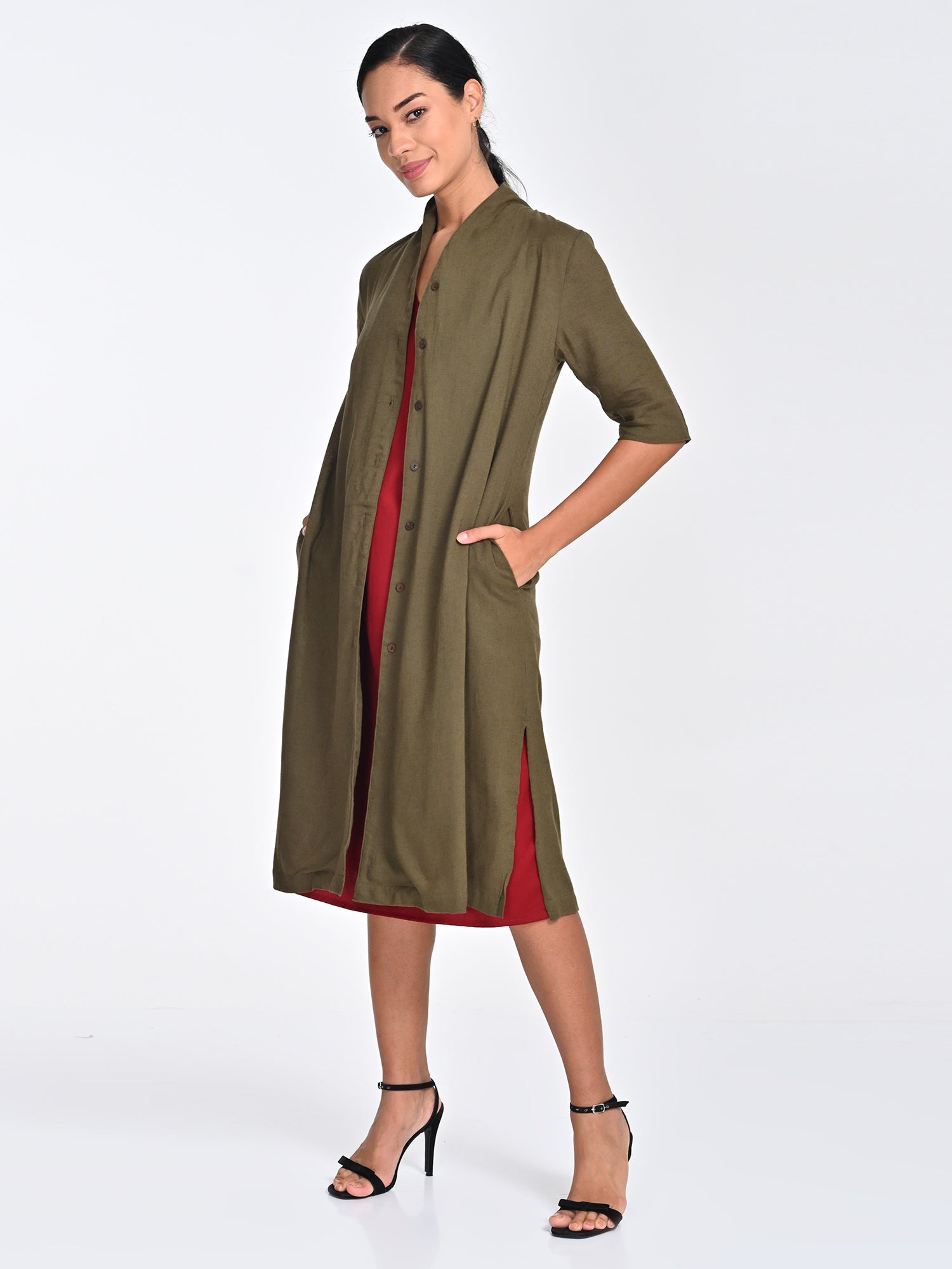 Dakota Set Of 2 - Long Shirt Jacket & Dress - Olive & Maroon