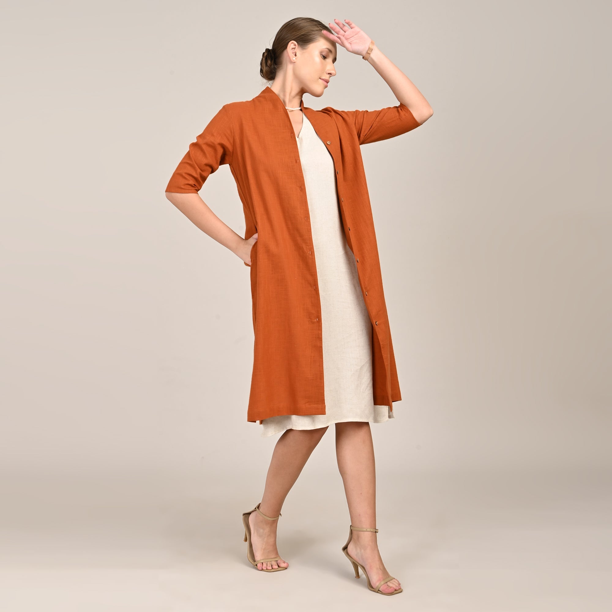 Dakota Set Of 2 - Long Shirt Jacket & Dress - Orange & Beige