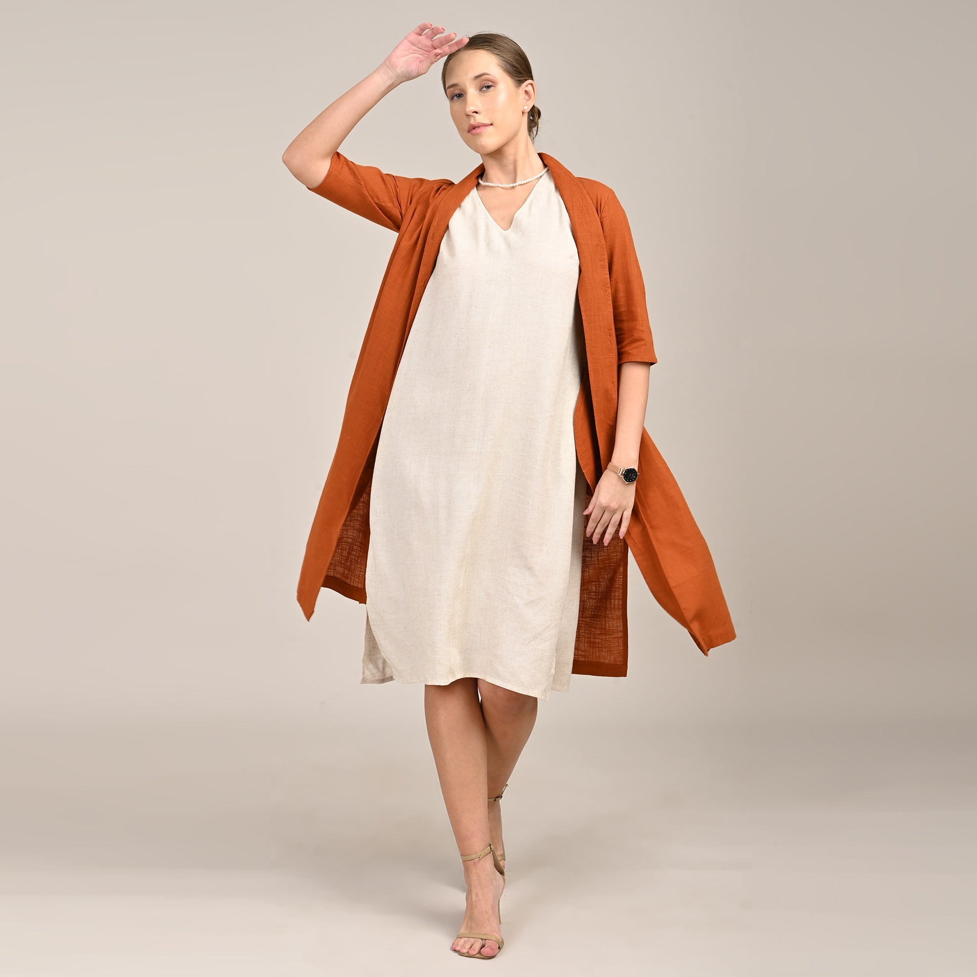 Dakota Set Of 2 - Long Shirt Jacket & Dress - Orange & Beige