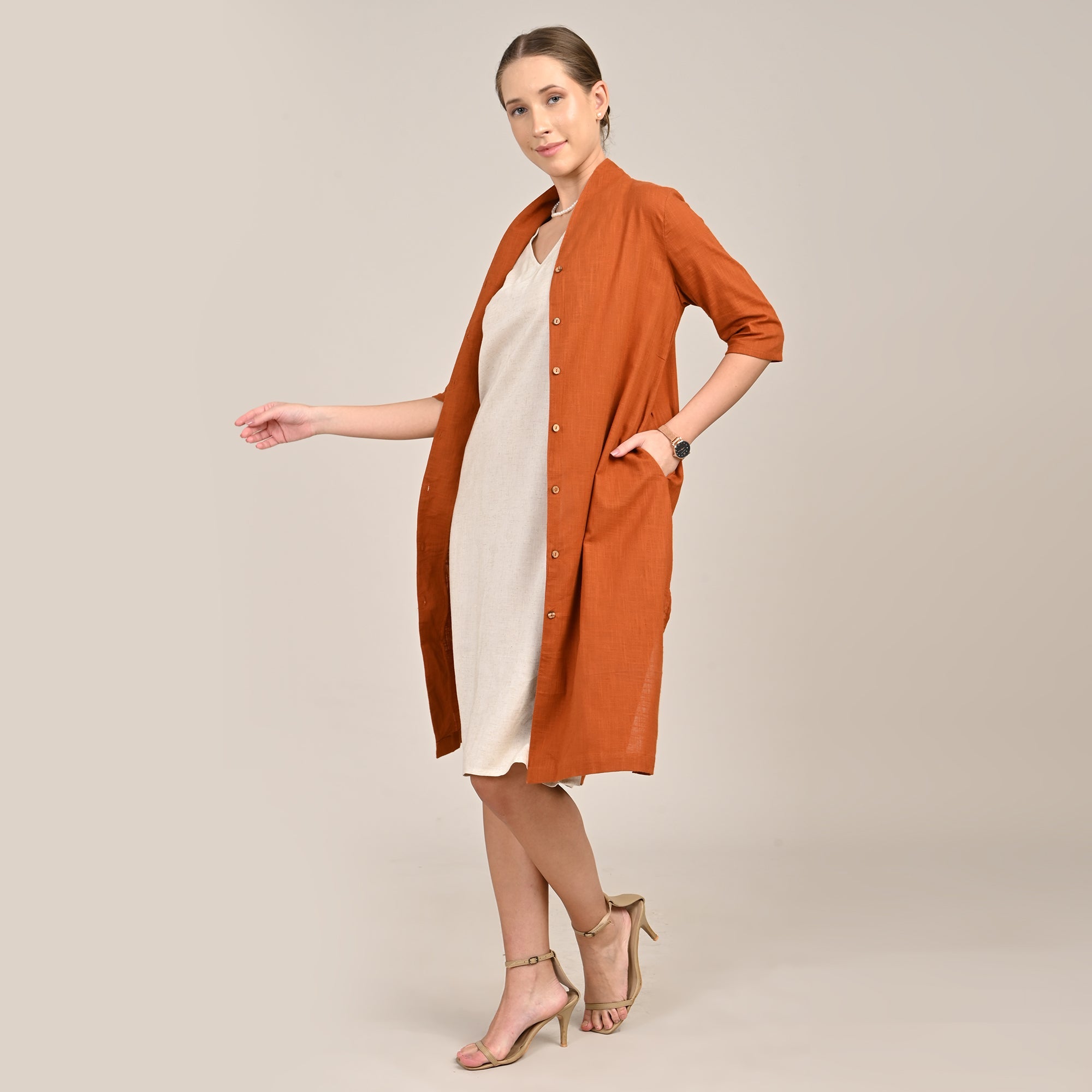 Dakota Set Of 2 - Long Shirt Jacket & Dress - Orange & Beige
