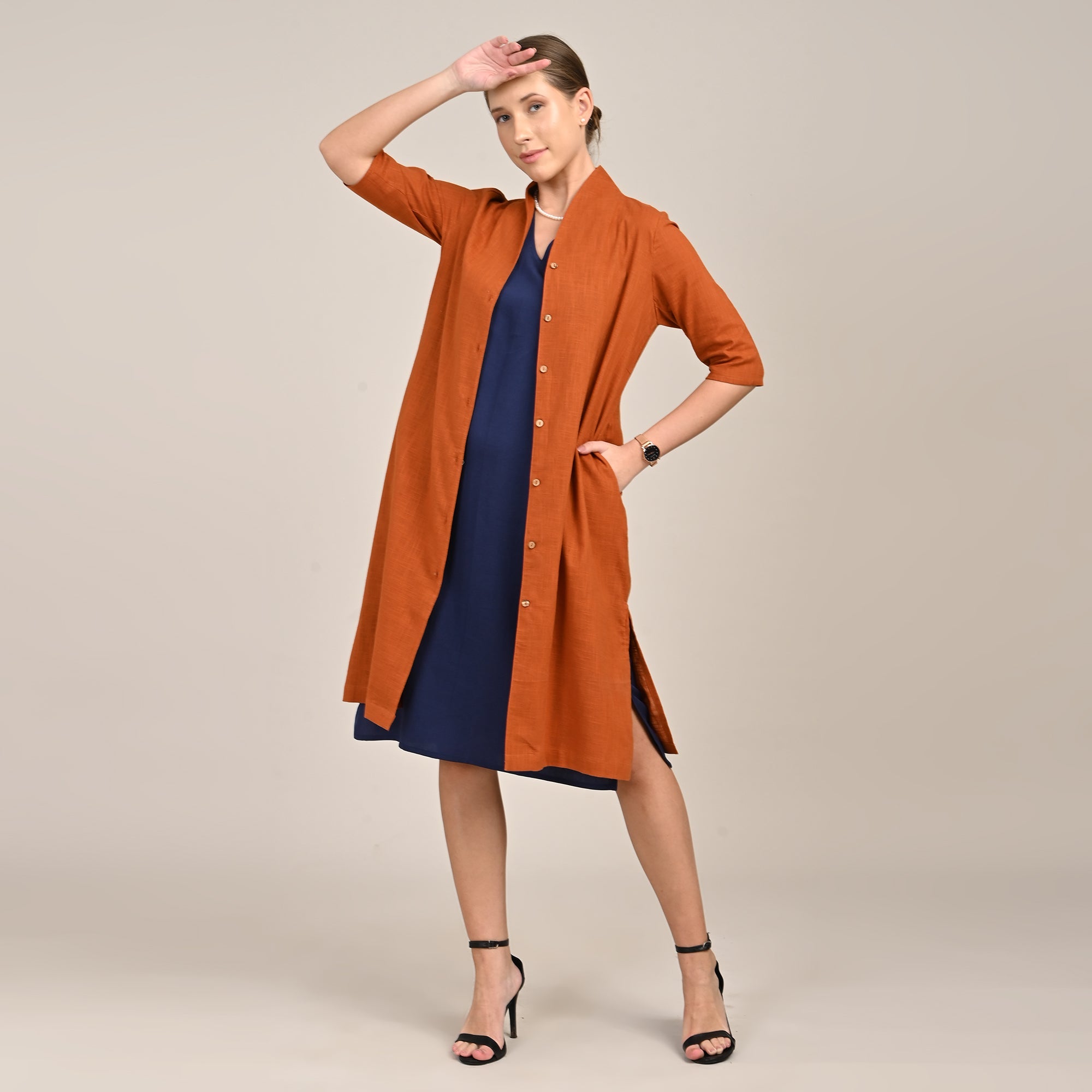 Dakota Set Of 2 - Long Shirt Jacket & Dress - Orange & Navy