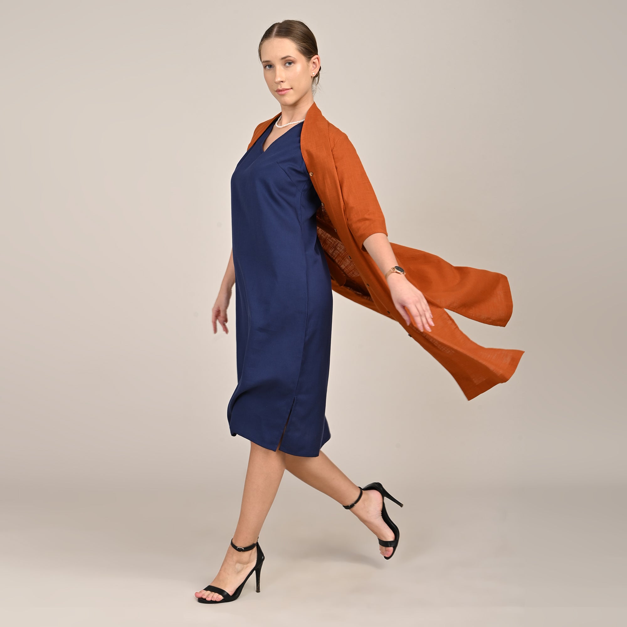 Dakota Set Of 2 - Long Shirt Jacket & Dress - Orange & Navy