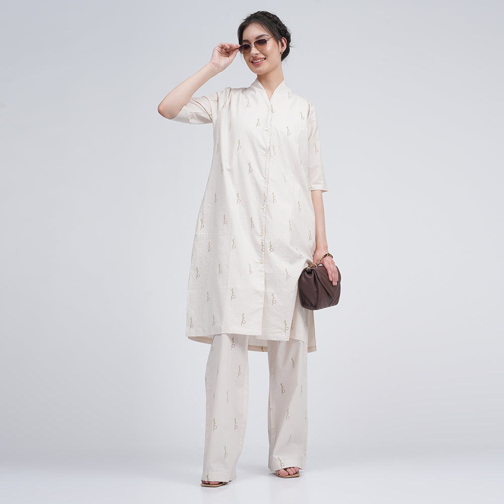 Dakota Long Shirt Jacket - Ecru block print
