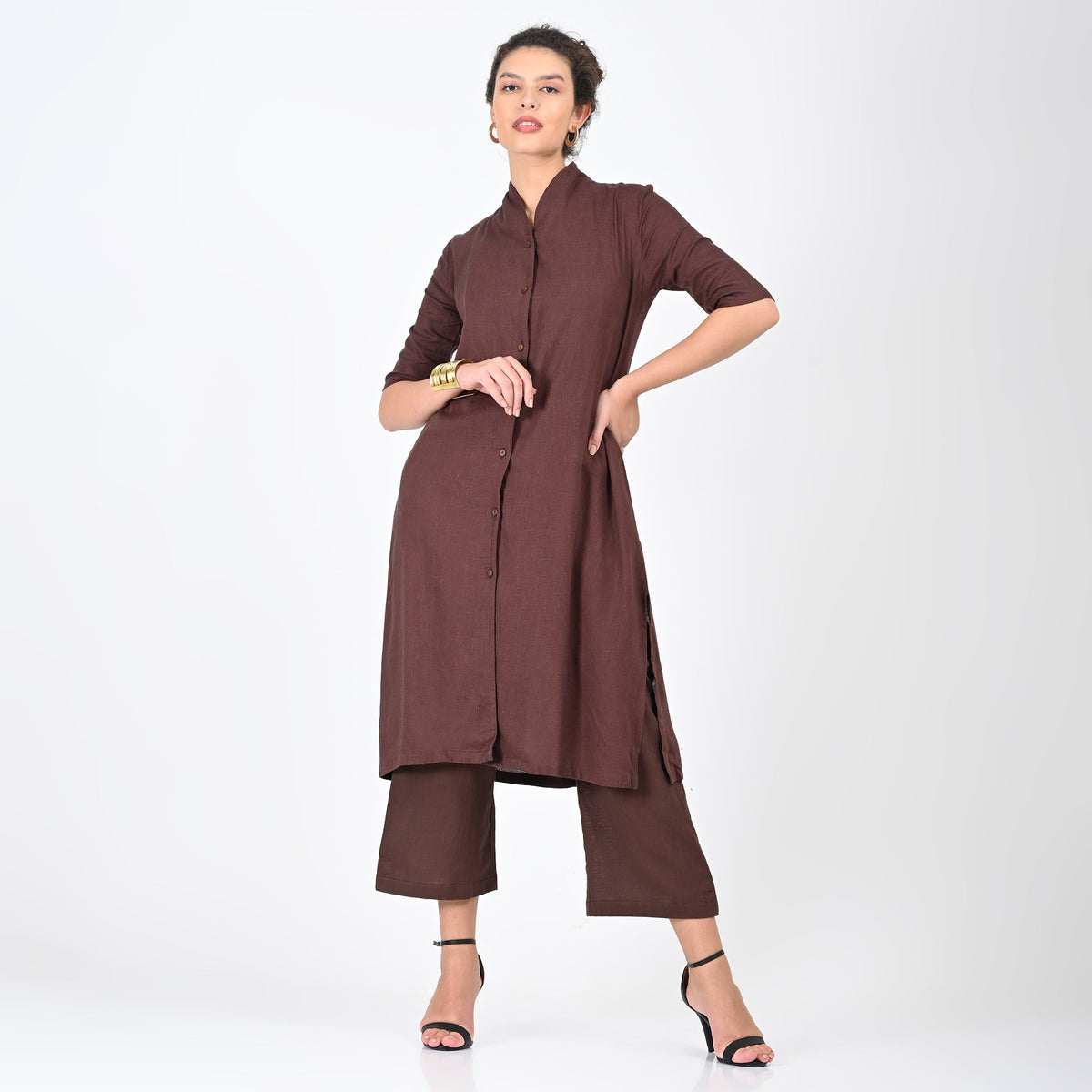 Dakota Co-ord Set - Long Shirt & Pants - Coffee Brown