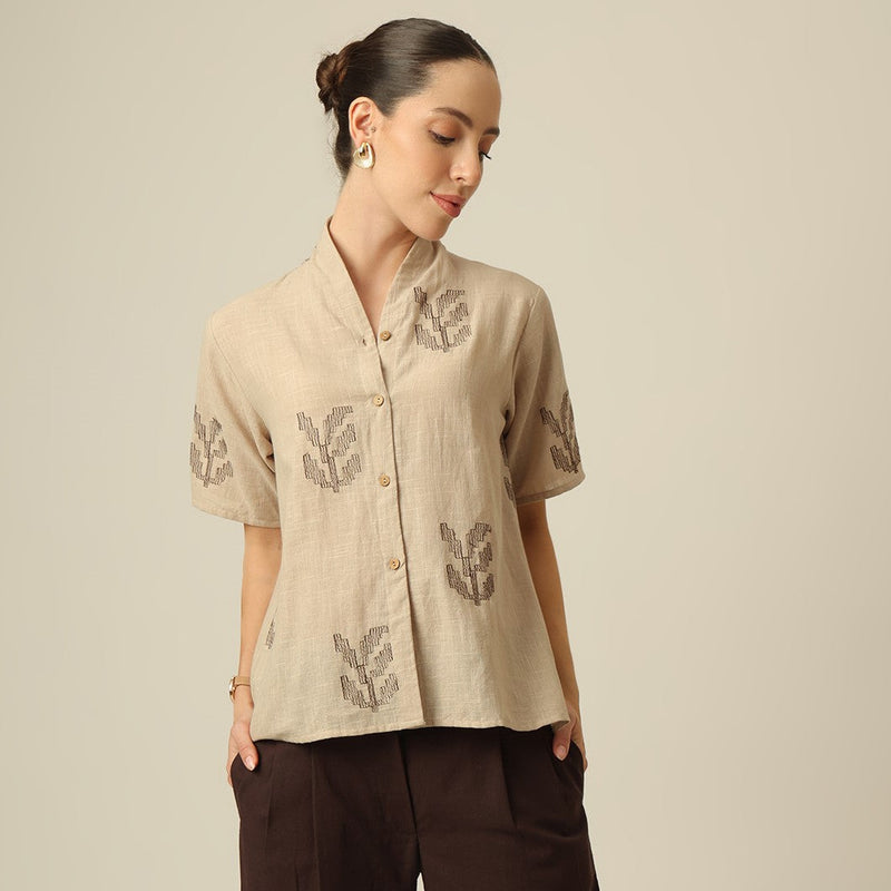 Klara Shawl Collar Top - Greige With Embroidery