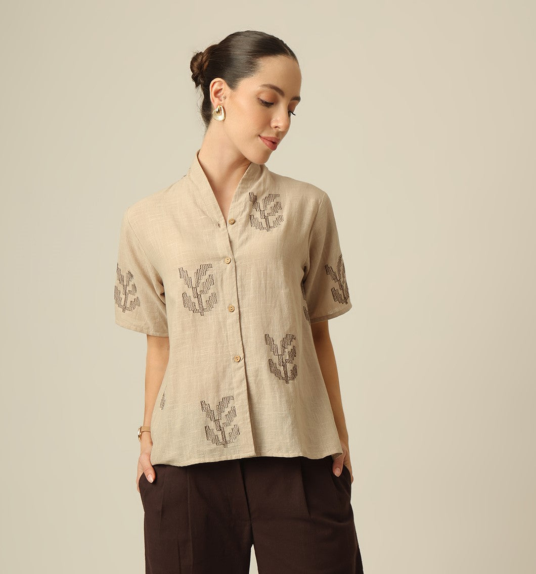 Klara Shawl Collar Top - Greige With Embroidery