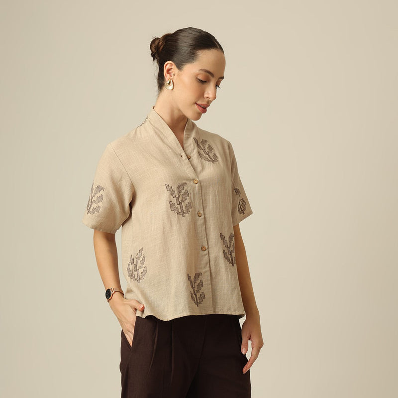 Klara Shawl Collar Top - Greige With Embroidery