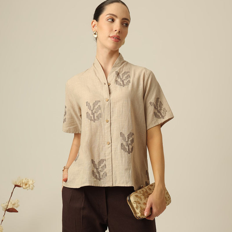 Klara Shawl Collar Top - Greige With Embroidery
