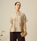 Klara Shawl Collar Top - Greige With Embroidery