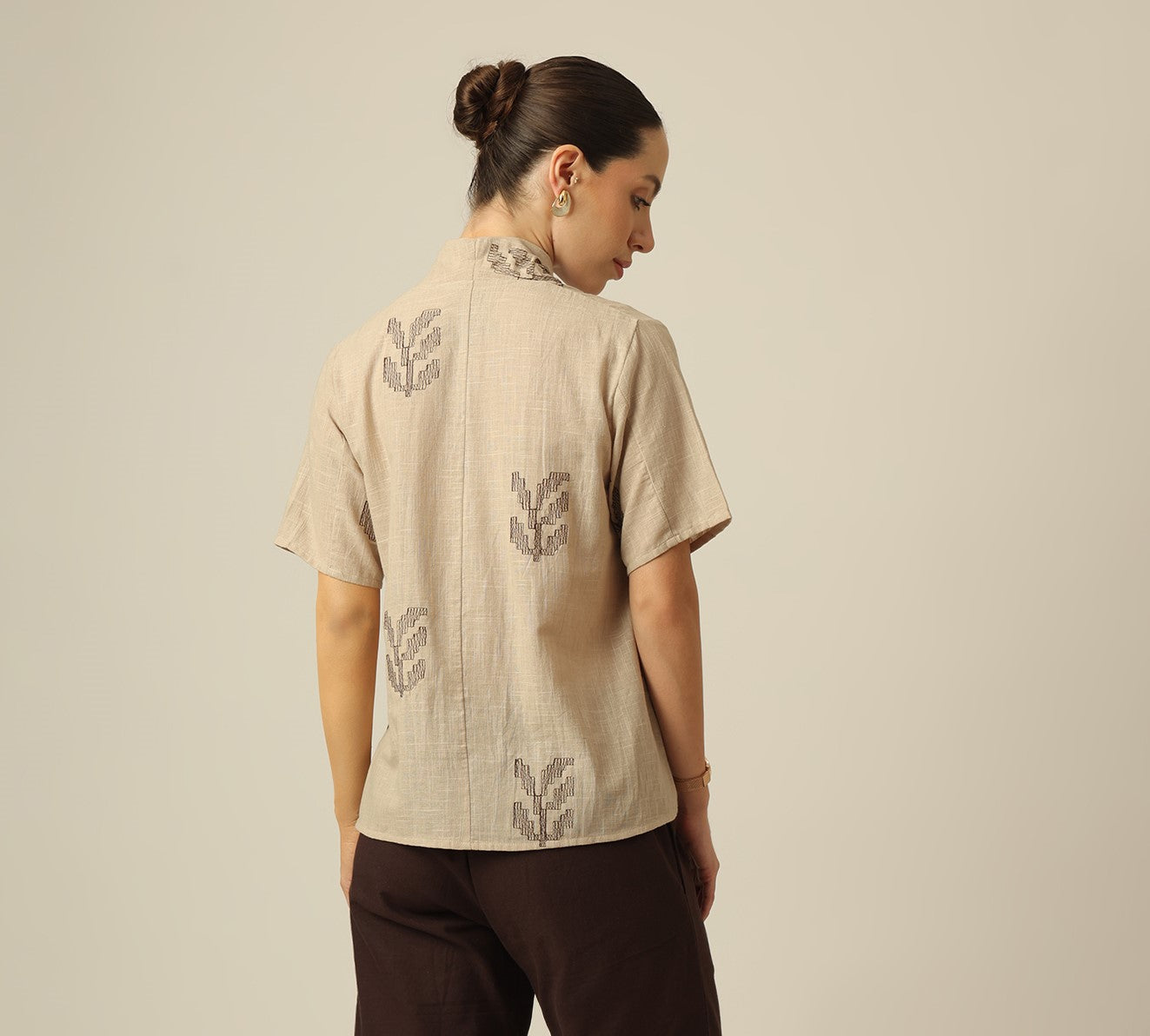 Klara Shawl Collar Top - Greige With Embroidery