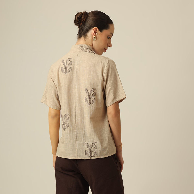 Klara Shawl Collar Top - Greige With Embroidery