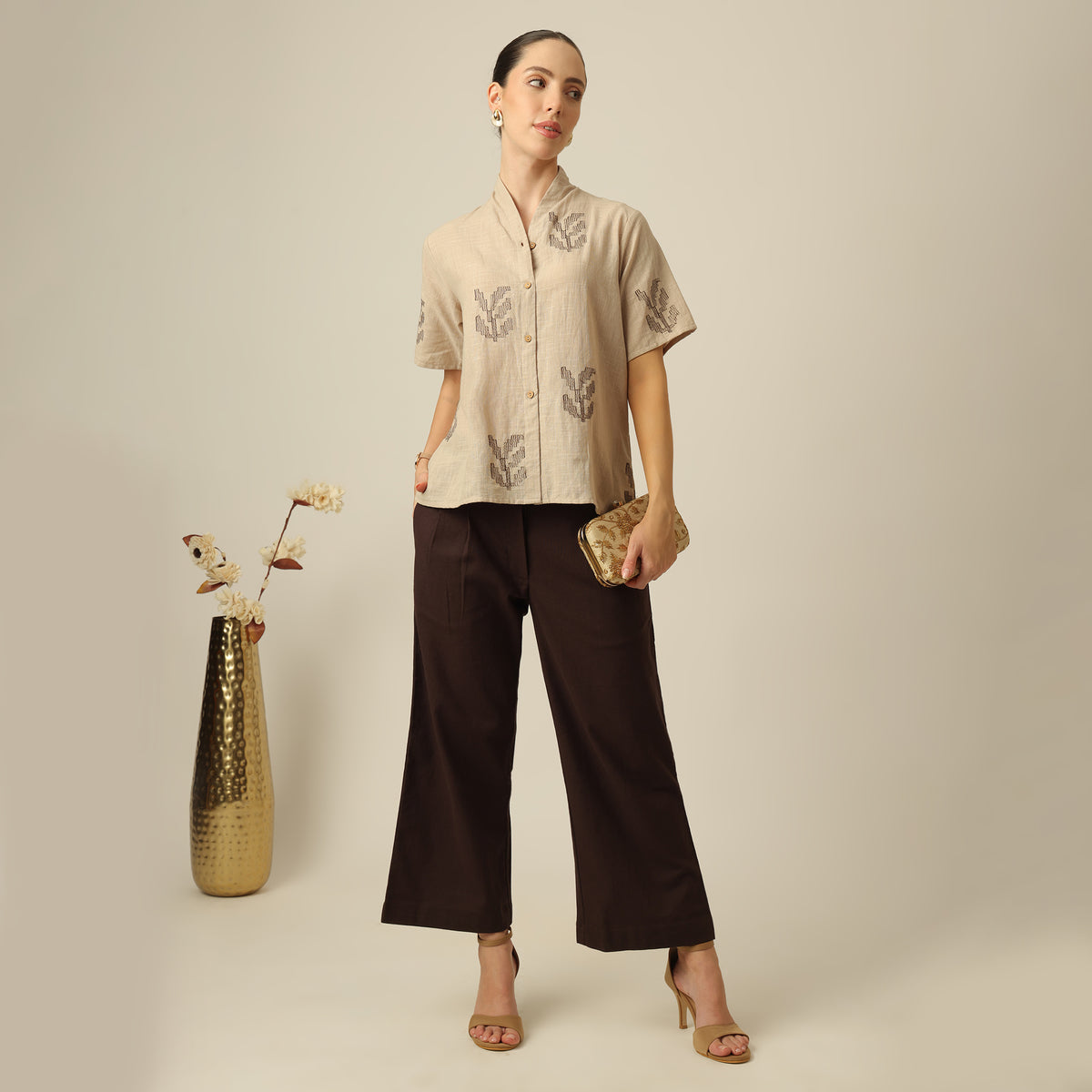 Klara Set Of 2 - Shawl Collar Top & Barrel Leg Pants - Greige & Coffee With Embroidery