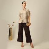 Klara Set Of 2 - Shawl Collar Top & Barrel Leg Pants - Greige & Coffee With Embroidery