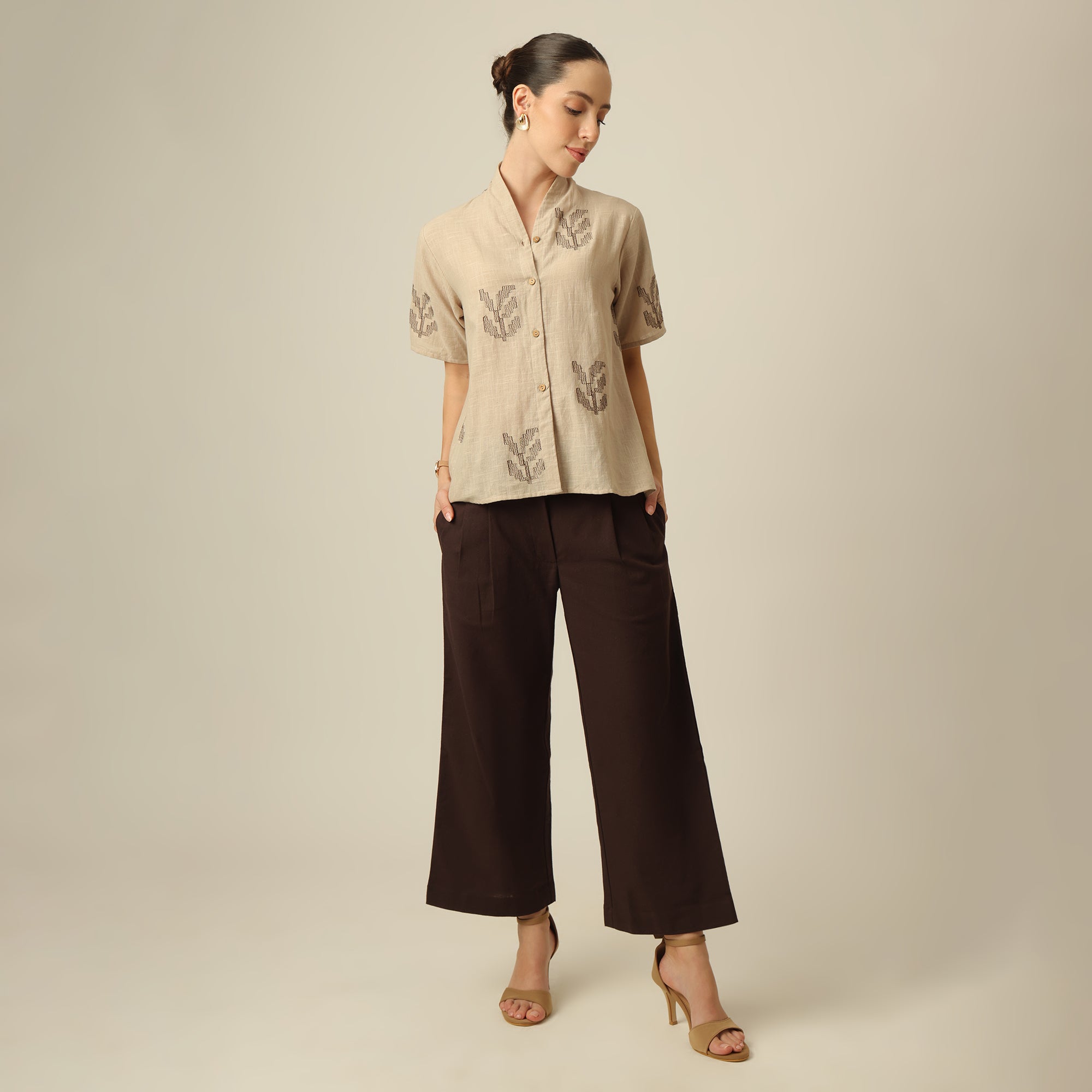 Klara Set Of 2 - Shawl Collar Top & Barrel Leg Pants - Greige & Coffee With Embroidery