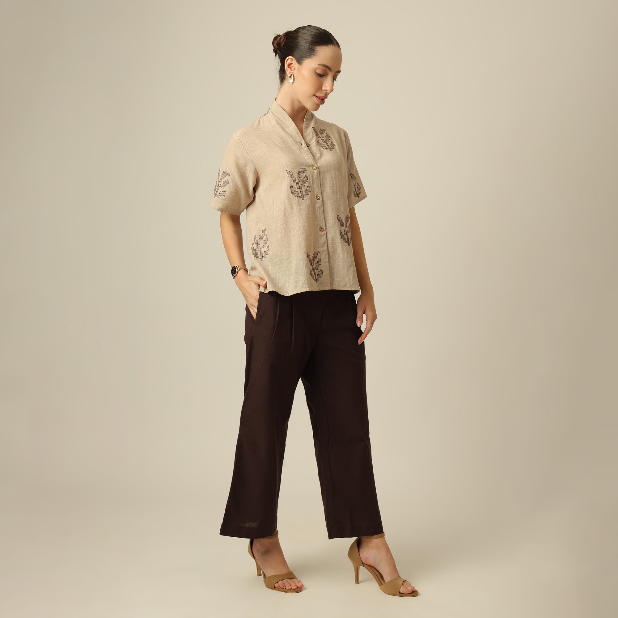 Klara Set Of 2 - Shawl Collar Top & Barrel Leg Pants - Greige & Coffee With Embroidery