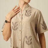 Klara Set Of 2 - Shawl Collar Top & Barrel Leg Pants - Greige & Coffee With Embroidery