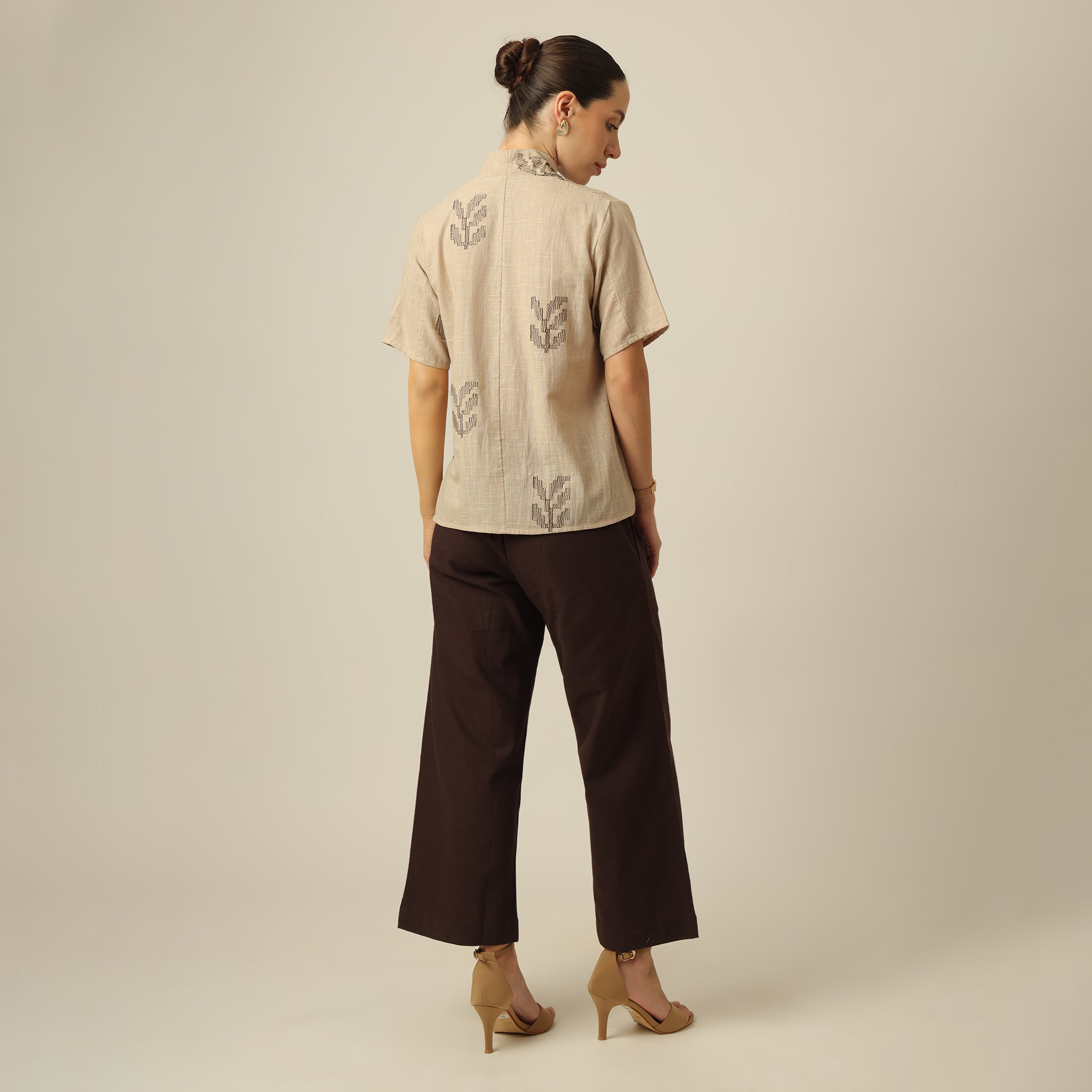 Klara Set Of 2 - Shawl Collar Top & Barrel Leg Pants - Greige & Coffee With Embroidery