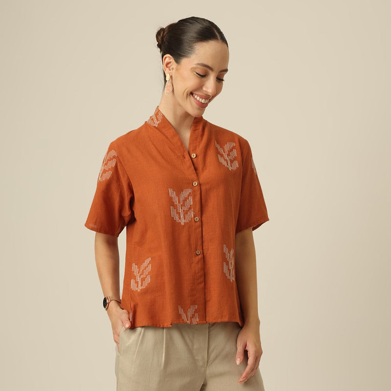 Klara Shawl Collar Top - Orange With Embroidery