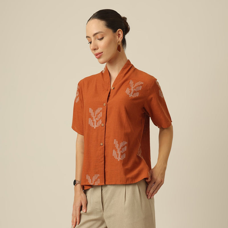 Klara Shawl Collar Top - Orange With Embroidery