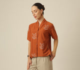 Klara Shawl Collar Top - Orange With Embroidery