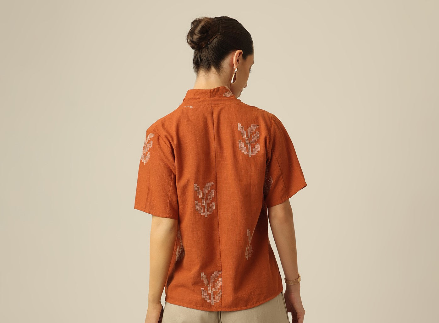 Klara Shawl Collar Top - Orange With Embroidery