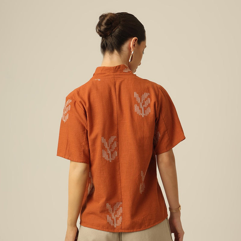 Klara Shawl Collar Top - Orange With Embroidery
