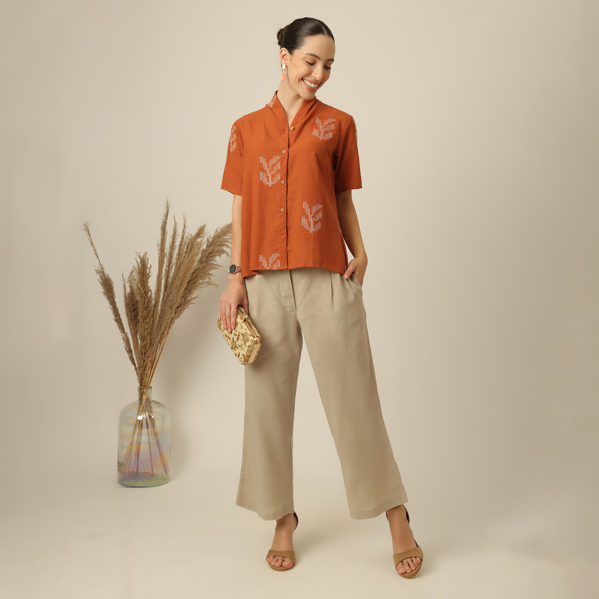 Klara Set Of 2 - Shawl Collar Top & Barrel Leg Pants - Orange & Greige With Embroidery