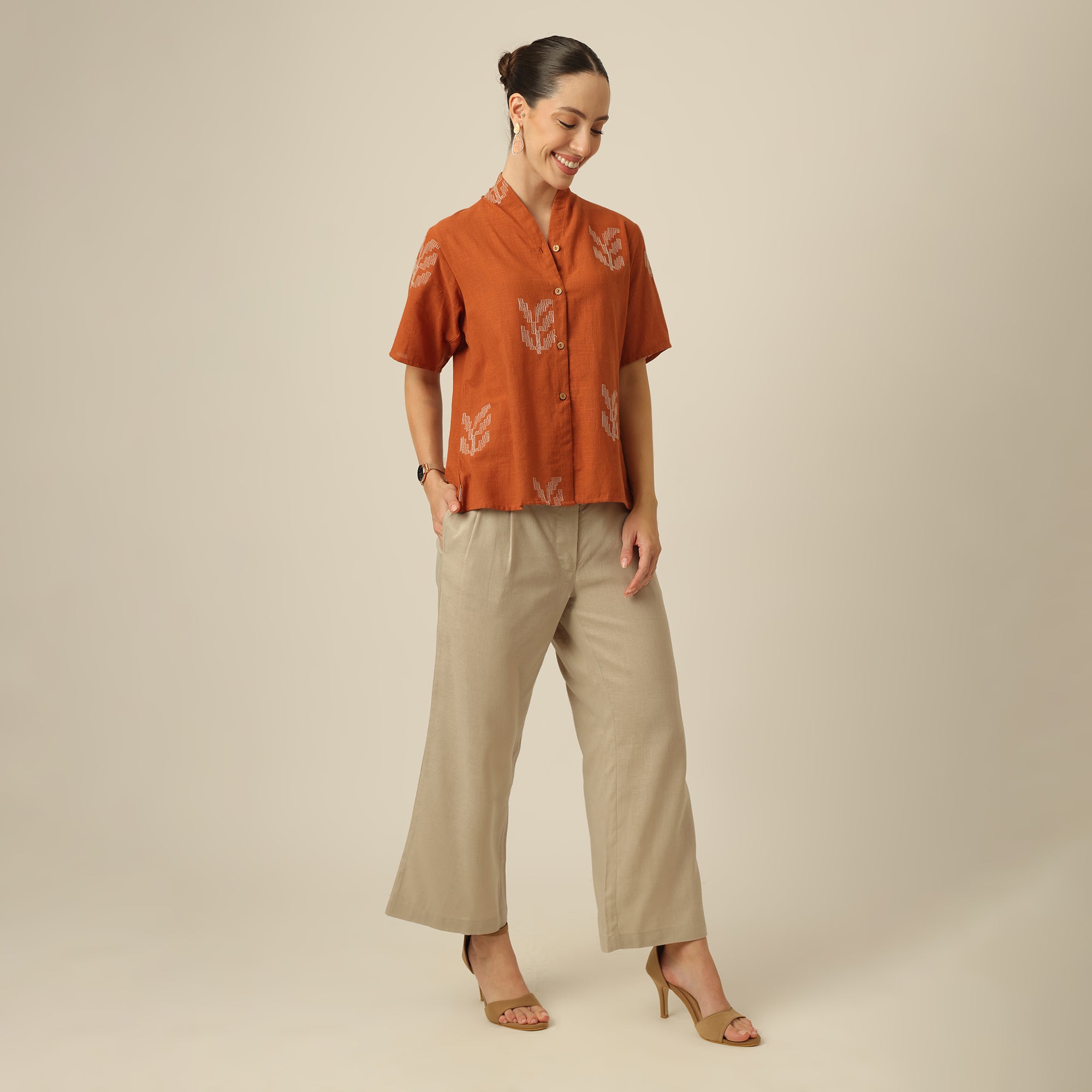 Klara Set Of 2 - Shawl Collar Top & Barrel Leg Pants - Orange & Greige With Embroidery