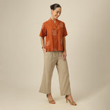 Klara Set Of 2 - Shawl Collar Top & Barrel Leg Pants - Orange & Greige With Embroidery
