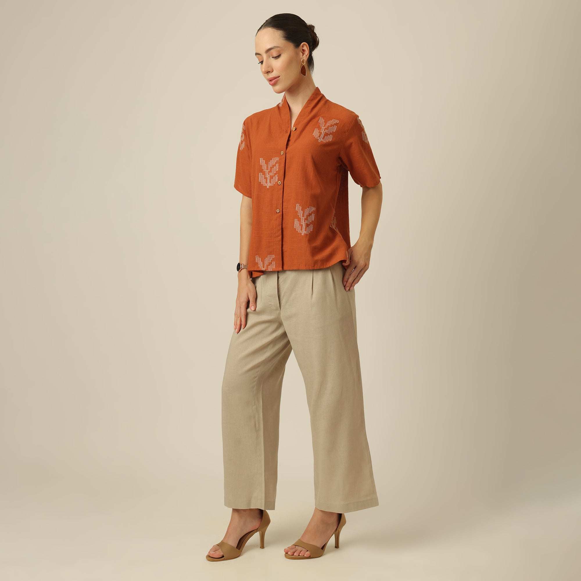 Klara Set Of 2 - Shawl Collar Top & Barrel Leg Pants - Orange & Greige With Embroidery