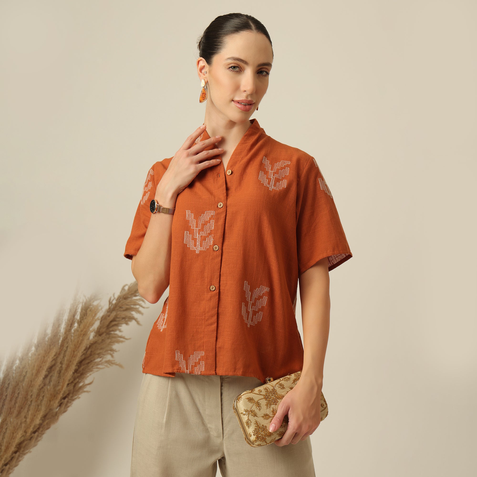 Klara Set Of 2 - Shawl Collar Top & Barrel Leg Pants - Orange & Greige With Embroidery