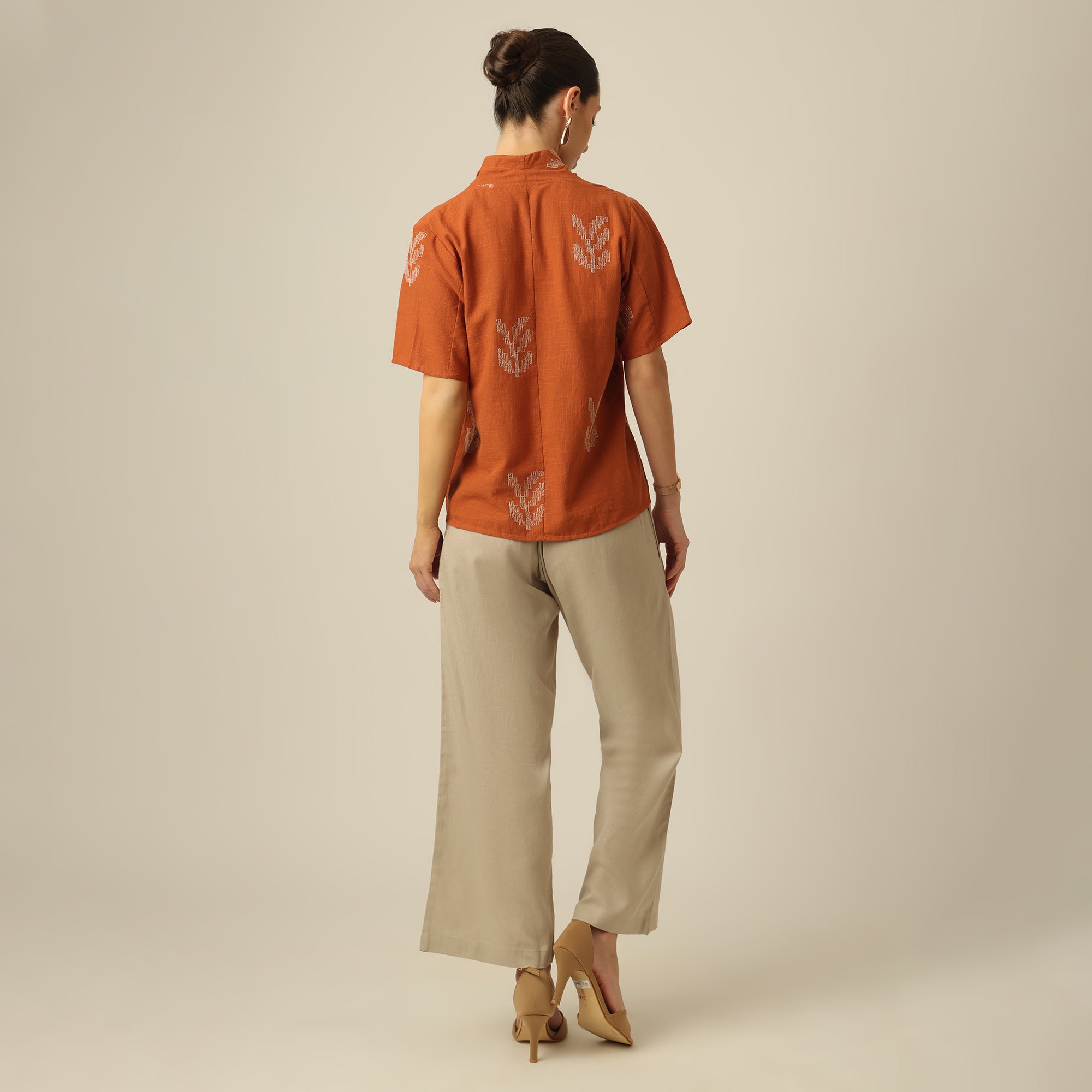 Klara Set Of 2 - Shawl Collar Top & Barrel Leg Pants - Orange & Greige With Embroidery