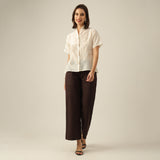 Women Pearl White Chanderi Silk Wrap Collar Top with Lotus Hand Embroidery  & Pants Co-ord Set
