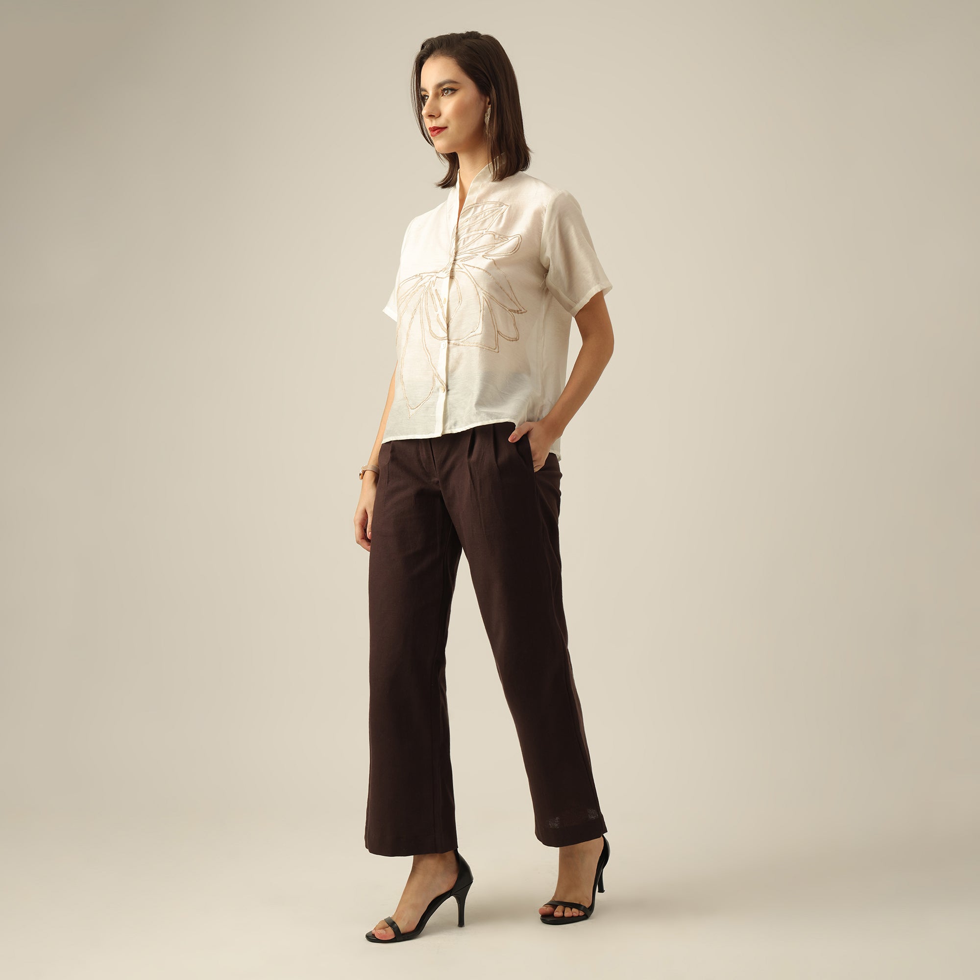 Women Pearl White Chanderi Silk Wrap Collar Top with Lotus Hand Embroidery  & Pants Co-ord Set