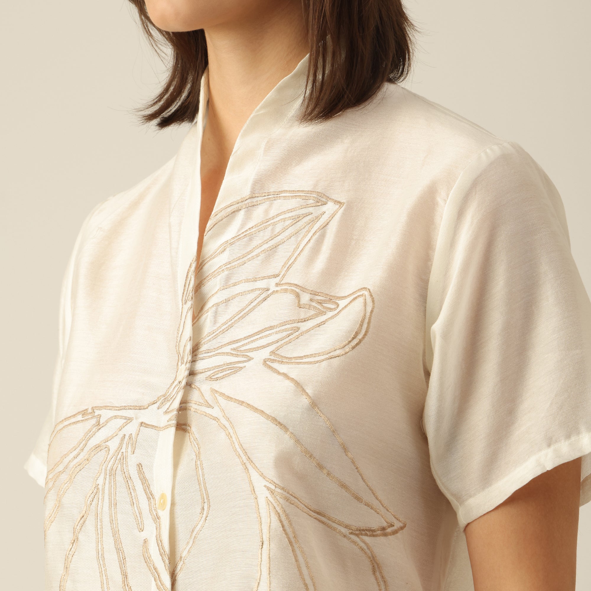 Women Pearl White Chanderi Silk Wrap Collar Top with Lotus Hand Embroidery  & Pants Co-ord Set