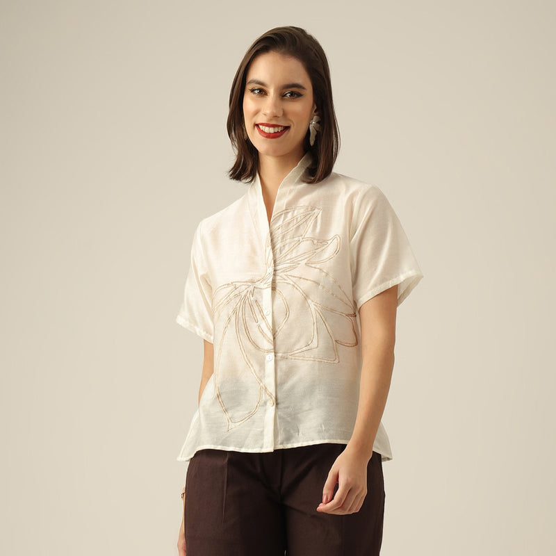 Women Pearl White Chanderi Silk Wrap Collar Shirt with Hand-Embroidered Lotus Motif