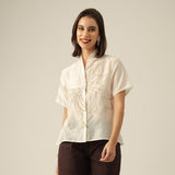 Women Pearl White Chanderi Silk Wrap Collar Shirt with Hand-Embroidered Lotus Motif