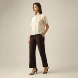 Women Pearl White Chanderi Silk Wrap Collar Shirt with Hand-Embroidered Lotus Motif