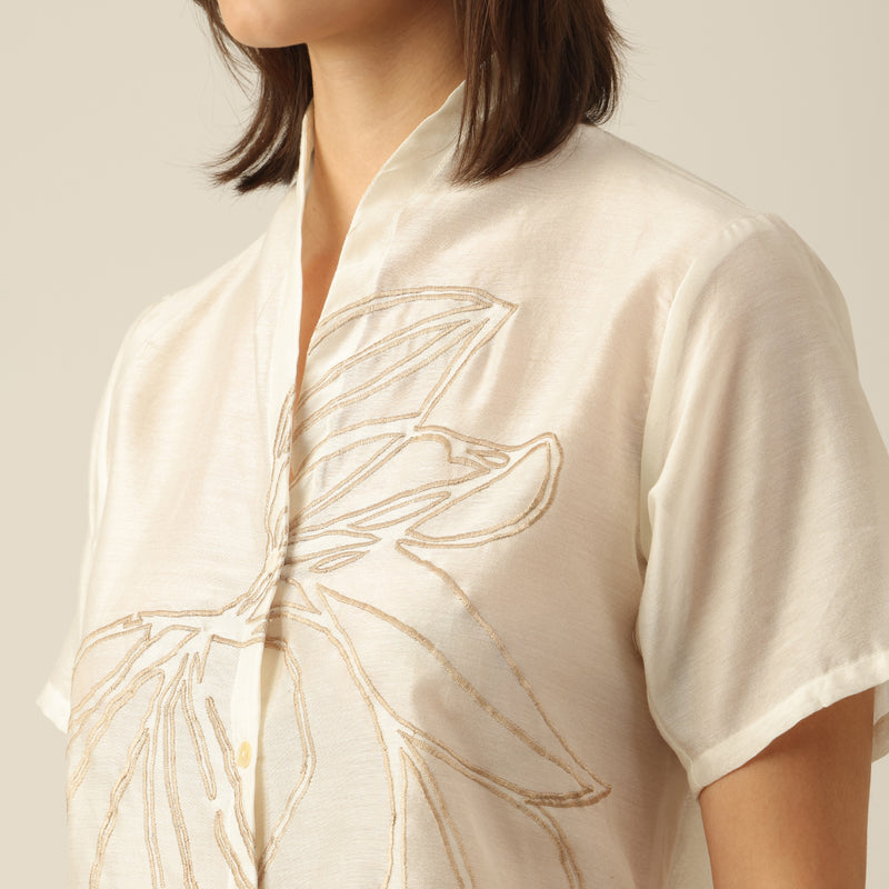 Women Pearl White Chanderi Silk Wrap Collar Shirt with Hand-Embroidered Lotus Motif