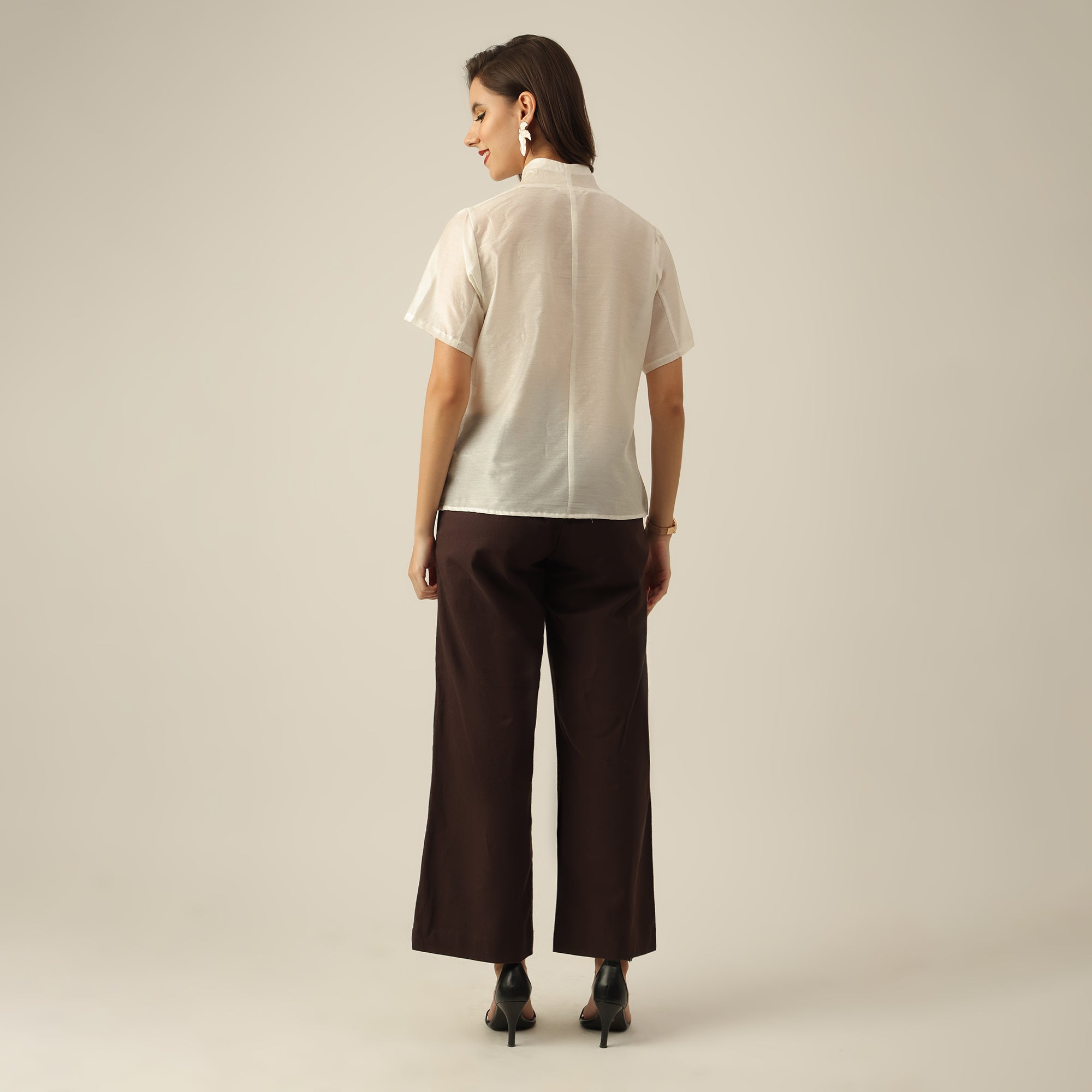 Women Pearl White Chanderi Silk Wrap Collar Shirt with Hand-Embroidered Lotus Motif