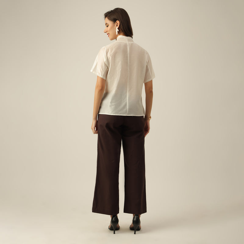 Women Pearl White Chanderi Silk Wrap Collar Shirt with Hand-Embroidered Lotus Motif