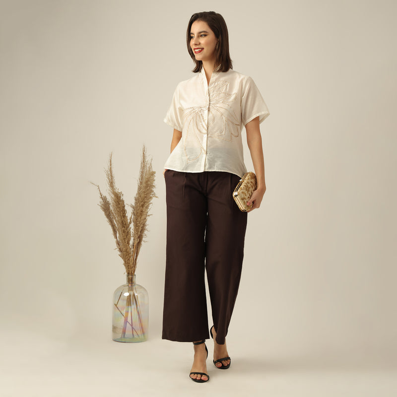 Women Pearl White Chanderi Silk Wrap Collar Shirt with Hand-Embroidered Lotus Motif