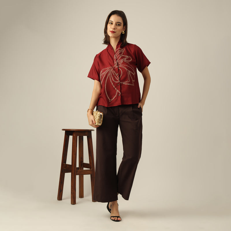 Women Maroon Chanderi Silk Wrap Collar Top with Lotus Hand Embroidery  & Pants Co-ord Set