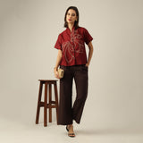 Women Maroon Chanderi Silk Wrap Collar Top with Lotus Hand Embroidery  & Pants Co-ord Set