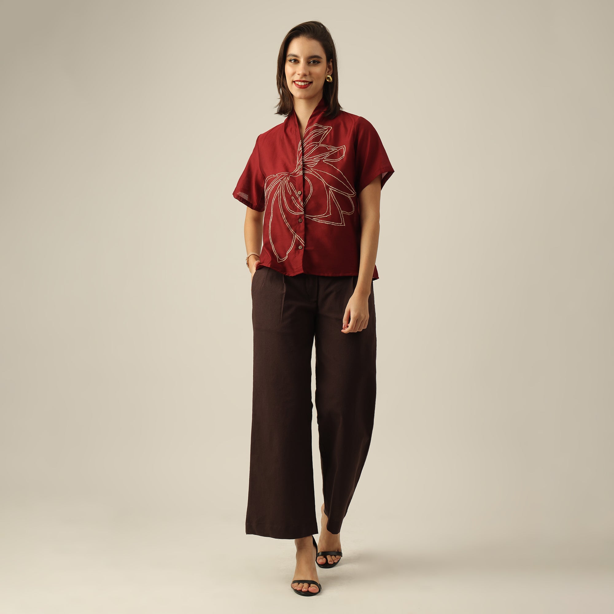 Women Maroon Chanderi Silk Wrap Collar Top with Lotus Hand Embroidery  & Pants Co-ord Set