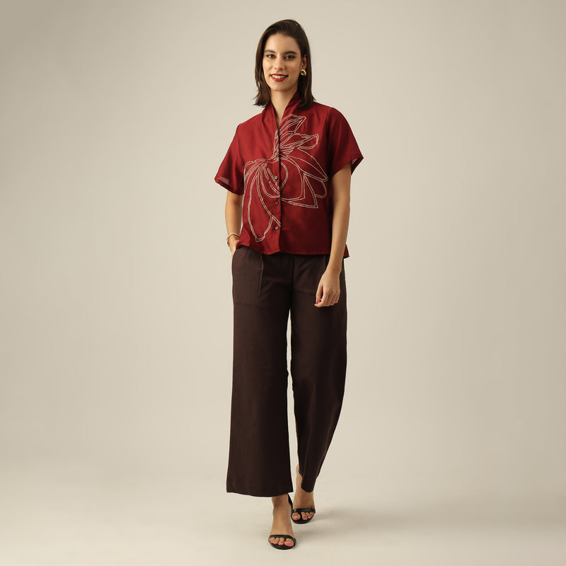 Women Maroon Chanderi Silk Wrap Collar Top with Lotus Hand Embroidery  & Pants Co-ord Set
