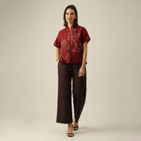 Women Maroon Chanderi Silk Wrap Collar Top with Lotus Hand Embroidery  & Pants Co-ord Set