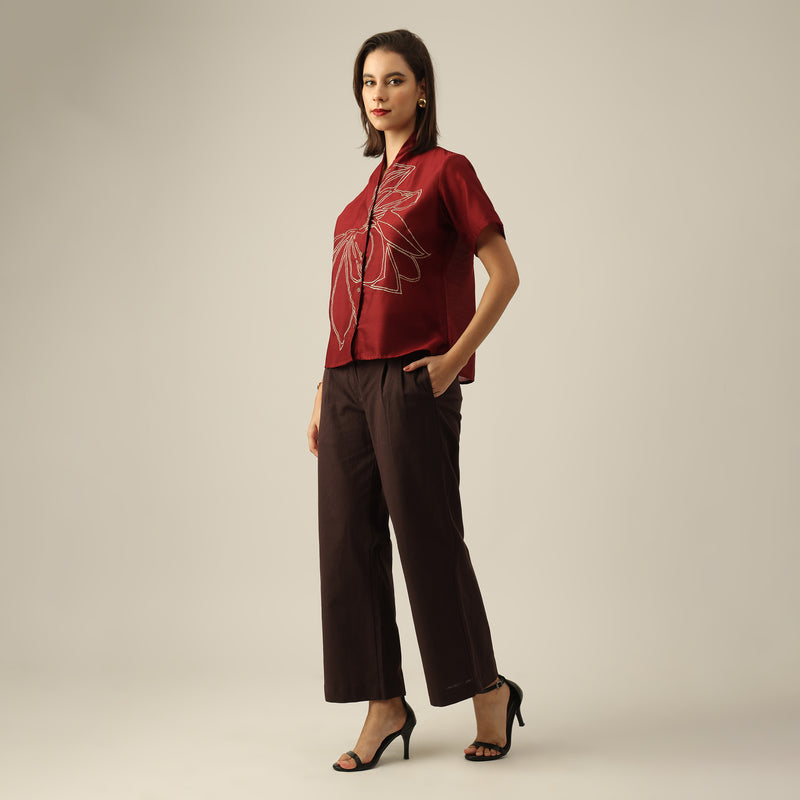 Women Maroon Chanderi Silk Wrap Collar Top with Lotus Hand Embroidery  & Pants Co-ord Set