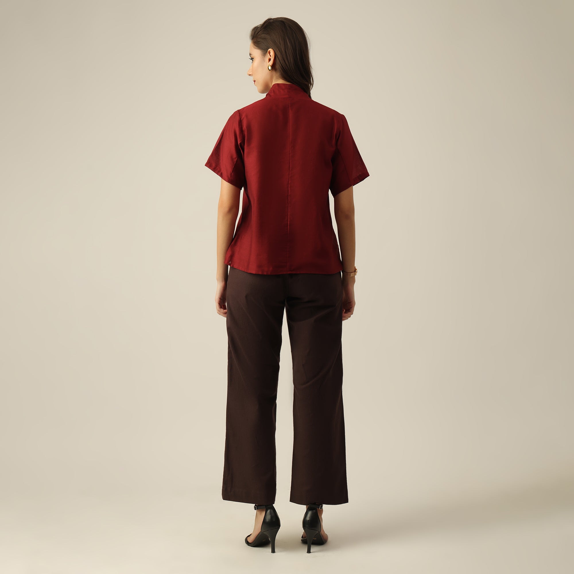 Women Maroon Chanderi Silk Wrap Collar Top with Lotus Hand Embroidery  & Pants Co-ord Set