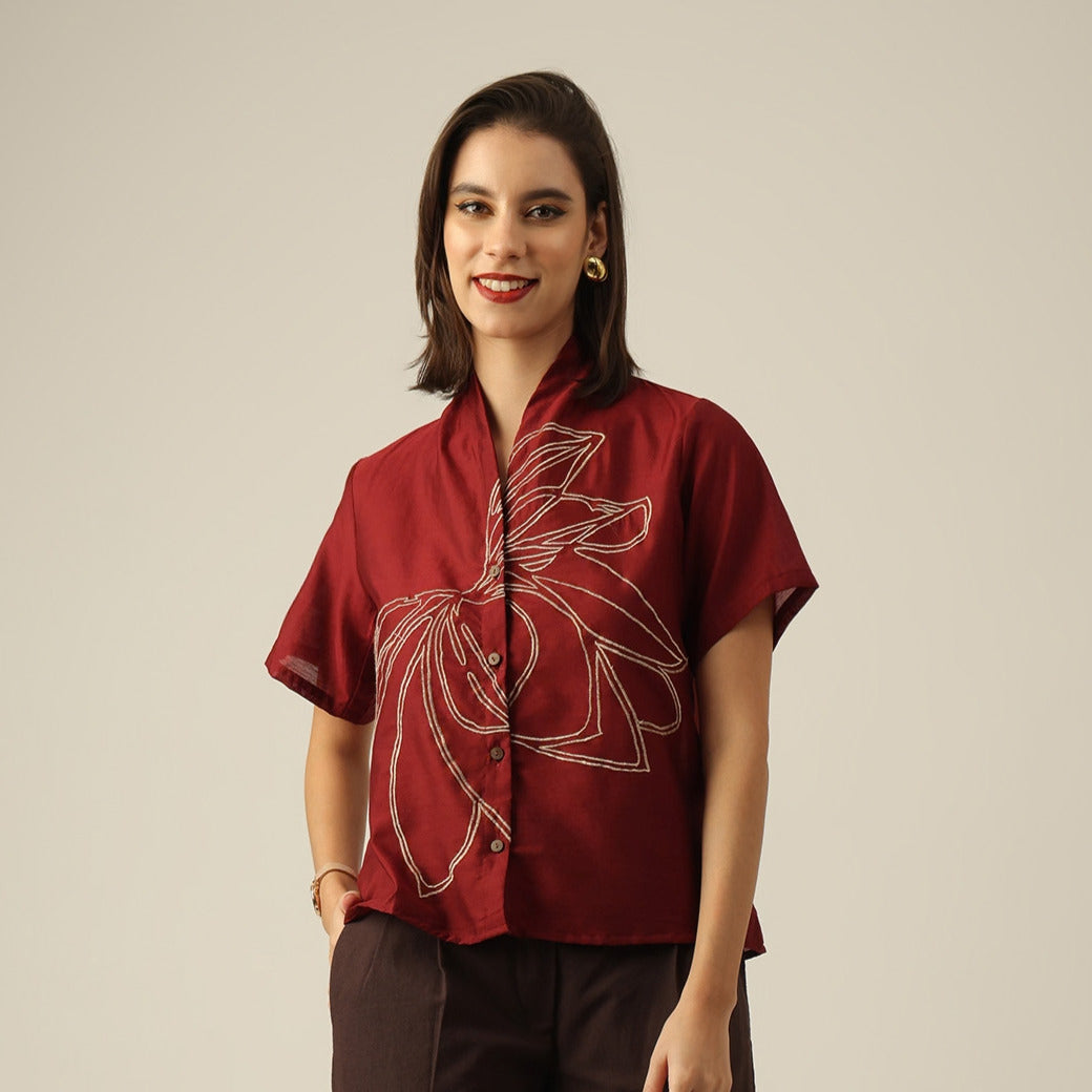 Women Maroon Chanderi Silk Wrap Collar Shirt with Hand-Embroidered Lotus Motif